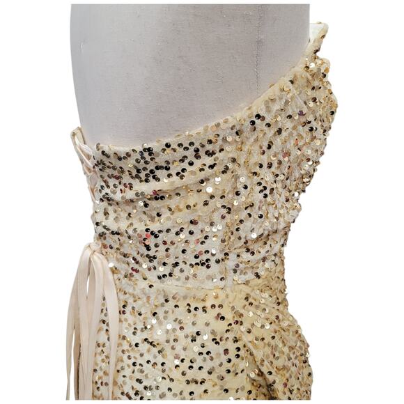 NWT Beige Gold Strapless Sequin Evening Gown with Corset Back on Velvet Fabric - Picture 5 of 12